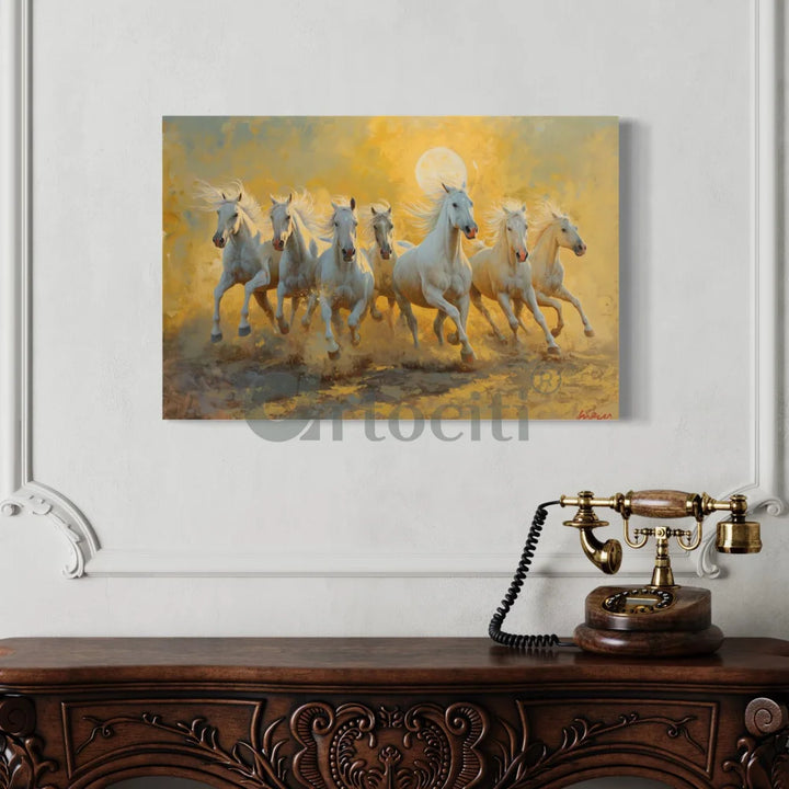 White 7 Horse Painting Modern abstract Canvas Giclee Print
