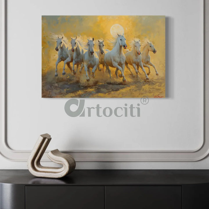 White 7 Horse Painting Modern abstract Canvas Giclee Print 32X48 Inch