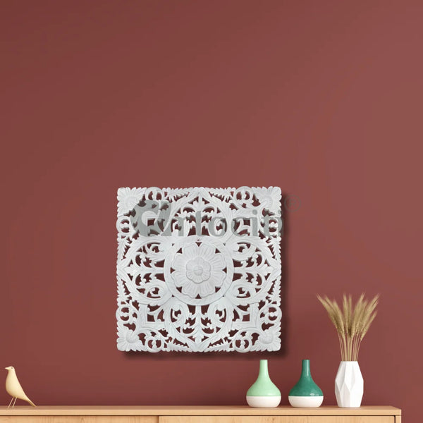 Wooden Floral Hand Carved Mural Wall Art 24x24 Inches Set of 1 / 24X24 Inch / White