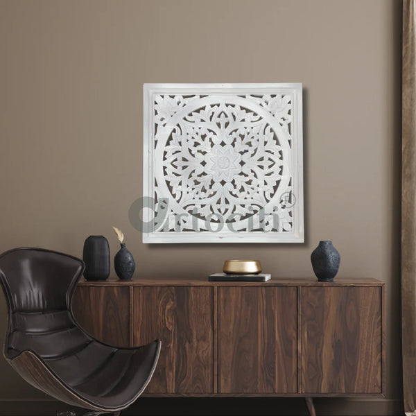 Wooden Jali Exquisite Hand Carved Mural Wall Art (24x24 Inches)