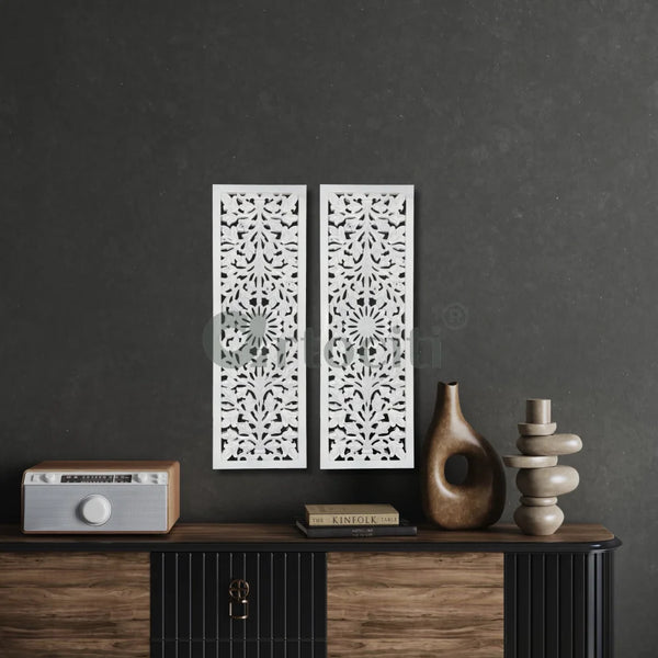 Wooden Jali Panel Hand-Carved Mural Wall Art Set of 2 Wooden Wall Art Set of 2 / 36X12 Inch / White